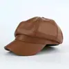 Chapéu Feminino de Couro PU Octogonal Outono e Inverno Novo Retro Moda Britânica Versátil Boina Japonesa Chapéu de Couro