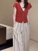 24287 Da Ai Mei Yi Yuan Verano 2026 Nuevo Cárdigan de Manga Corta con Cuello en V Ajustado y Pantalones de Pierna Ancha con Rayas Verticales para Mujer