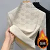 Camisa Feminina de Renda com Gola Alta e Forro de Lã para Outono e Inverno Novo Estilo Moda High-End Estilo Estrangeiro Top Interno Quente Moderno