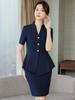 Azul marino Verano Manga Corta Cuello en V Traje Pequeño Chaqueta Faldas para Mujer Salón de Belleza Departamento de Ventas Joyería Ropa de Trabajo