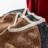 Suéter vintage com bloqueio de cores em fio floral, gola V, manga longa, em estoque, tricô casual de cashmere para inverno, tamanho grande, caimento solto
