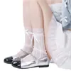 Calcetines holgados con ribete de encaje para primavera y verano, calcetines altos de malla fina Lolita Jk con rayas verticales y lazo de purpurina fina para la pantorrilla