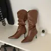 []2026 Novas Botas Longas Bico Fino Amassadas Salto Alto Empilhado Botas Altas Outono Inverno Nova Moda Botas Longas de Puxar