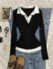 Chegada Nova de Outono Bloco de Cores Gola Lapela Gola Polo Falsa Peça Única Manga Longa Moda Decote V Slim Fit Camisa Base Camiseta Feminino Atacado