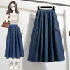 Toma Real de Falda de Mezclilla Color Puro Talla Grande Casual Holgada Falda con Volantes Falda de Línea A Falda de Longitud Media Cintura Alta Otros