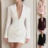 Novidade Amazon AliExpress: vestido feminino justo, bodycon, curto, com gola de alfaiataria e decote V profundo, mangas compridas