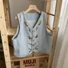 Chaleco vaquero bordado retro estilo japonés para mujer, nuevo diseño de verano, chaleco fino sin mangas en capas