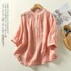 Camisa de Verano para Mujer Estilo Nuevo con Mangas Plisadas tipo Acordeón Color Sólido Top de Algodón y Lino Cuello Alto Estilo Casual Simple Holgado