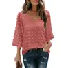 Blusa de Gasa Jacquard de Color Sólido, Manga Corta de Siete Mangas, Cuello en V, Holgada de Verano para Mujer, Transfronteriza Europea y Americana de Amazon