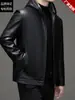 Jaqueta de Couro Masculina Haining com Forro de Pelo Outono Inverno 2026 Jaqueta de Couro Espessa Casual com Mais Veludo Roupa de Exterior para Meia-Idade Estilo Pai