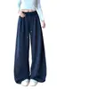 Pantalones anchos de lunares negros estilo coreano para mujer, adecuados para primavera y otoño, con caída fluida, cintura con cordón, tiro alto y un estilo relajado y casual con estampado floral