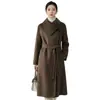 Abrigo largo de lana de alta gama, negro, de doble cara, para otoño e invierno, con cuello envolvente, cinturón de corbata, efecto adelgazante, elegante estilo de lana hasta la rodilla