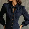 Colección nueva 2026 de Amazon transfronterizo: camisa de rayas con cuello de lazo, cintura entallada y mangas abullonadas, diseñada para crear un efecto adelgazante en las mujeres