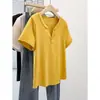 Ropa de verano transfronteriza para mujer de talla grande, cuello en V adelgazante, camiseta de manga corta de color liso con botones talla grande, top versátil de hombro normal para mujer, corte ajustado