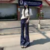 Pantalones acampanados a rayas de cuadros retro azules, talla petite, para primavera y verano, con caída, adecuados para ir al trabajo, pantalones de mujer de estilo coreano casual de alta gama