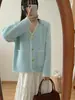 Novo cardigã de malha patchwork elegante estilo coreano para outono e inverno em cores doces, suéter de gola V solto para mulheres