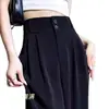 Pantalones de traje negros para mujer, adecuados para primavera, verano y otoño, con un aspecto sofisticado y elegante, de corte recto, holgado y casual, cintura alta y silueta estilizada, hechos de tela de seda helada con pernera ancha