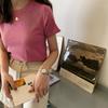 Camiseta de Manga Curta de Verão Feminina 2022 Nova Estilo Coreano Ins Estudante Versátil Redutora de Idade Cor Doce Simples Gola Redonda Top Tendência