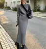 Conjunto de Tricô Feminino Outono Inverno Novo Gola Redonda Suéter Acinturado Saia Conjunto de Duas Peças Fashion Casual Temperamento Estilo para o Trabalho