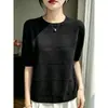 Nuevo Top de Manga Corta para Mujer Verano Seda Lyocell Hueco Color Puro Ajuste Delgado Hombro Normal Manga de Cinco Puntos Simple Versátil Tejido
