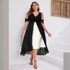 Vestido Irregular de Manga Media con Parches Falso de Dos Piezas y Cuello en V para Mujer Talla Grande Transfronterizo Nuevo Primavera/Verano Amazon