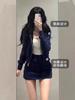 Chamarra Sudadera Corta Azul Marino Ceñida a la Cintura para Mujer Principios de Otoño Estilo Coreano Ajuste Delgado con Capucha y Cremallera Nuevo Estilo Principios de Otoño