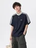 Camisa polo a rayas estilo americano de corte ajustado y manga corta para hombre y mujer, camiseta de verano de peso pesado con cuello mao y media manga de color contrastante