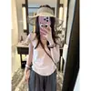 Camiseta Base de Lino y Algodón Rosa Suave Juvenil con Escote en V y Copos de Nieve para Mujer, Camiseta Interior de Manga Corta Delgada y Holgada de Verano