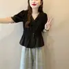 Ropa de mujer talla grande más vendida en el Sudeste Asiático: Nueva camisa elegante de manga corta con cintura entallada, top plisado de moda estilo francés