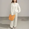 Conjunto de Tricô Tendência Outono/Inverno 2026: Cardigan com Capuz Liso de Cor Sólida + Calça Wide Leg