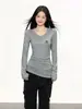 Camiseta de manga larga de cuello en V, hombro normal, capa base cálida para mujer, nuevo estilo primavera y otoño, casual versátil, corte ajustado, top favorecedor, camiseta interior
