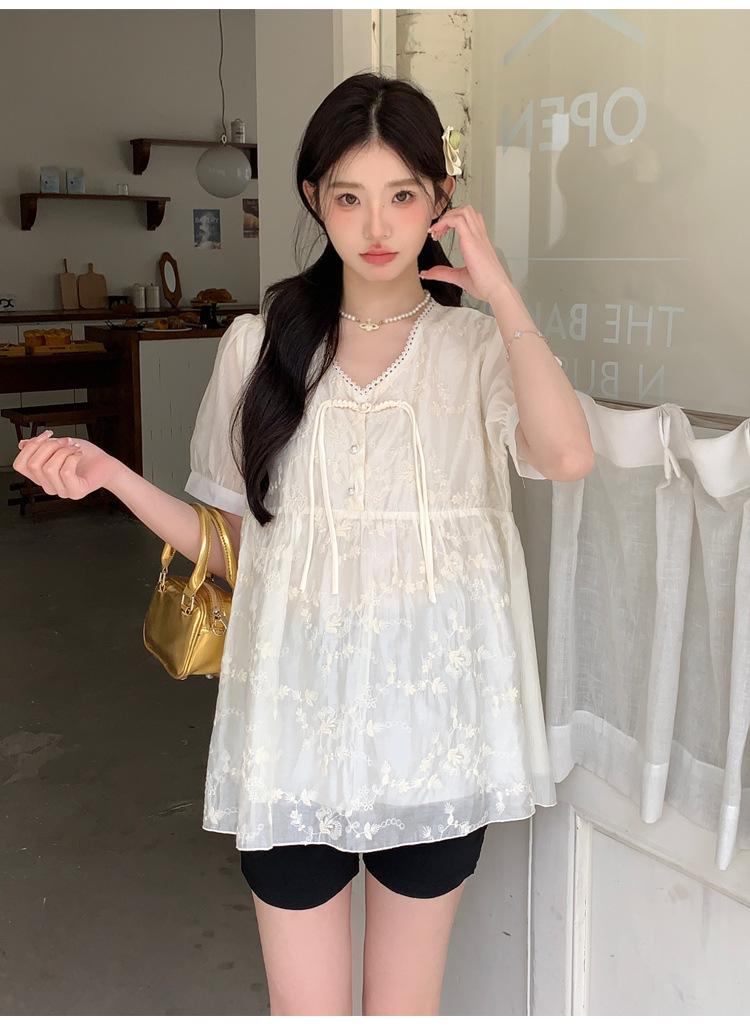 新中式孕妇套装宽松绣花雪纺衫托腹裤两件套