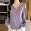 K2613 camiseta henley cuidadosamente seleccionada, estilo casual, sudadera de punto versátil casual estilo coreano para mujer de otoño