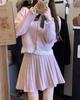 Traje de Moda para Mujer con Cardigan de Encaje Rosa Pequeño y Lazo de Manga Larga de Nuevo Estilo Transfronterizo y Falda Plisada de Cintura Alta