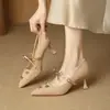 Zapatos de tacón alto de punta fina, tela tejida de moda, para mujer, nuevo estilo primavera y otoño, moño pequeño, versátiles, corte bajo, tacón de gatito, zapatos de vestir