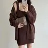 Chic Coreano Otoño e Invierno Nicho Retro Holgado Perezoso Abrigo Suéter Conjunto de Dos Piezas de Vestido de Tirantes Tejido para Mujer