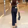Jeans Azul Oscuro para Mujer, Nuevo Estilo de Verano, Tallas Grandes, Adelgazantes, de Cintura Alta, para Bajitas, Corte Delgado, Pantalones Rectos Cropped