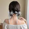 Presilha de cabelo com laço de rede e franjas em glitter prateado, fita com corrente de strass de alta qualidade, acessório de cabelo lateral elegante para meninas