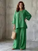 2026 Nuevo conjunto de camisa de cuello redondo suelta simple de mezcla de algodón y lino para mujer y pantalones de pierna ancha transfronterizo europeo y americano Amazon