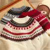 Edición Limitada del Año del Caballo Suéter de Punto Jacquard Retro Estilo Fair Isle Infantil Cuello Medio Alto Rojo Suéter Versátil de Lana