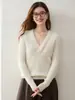 Suéter de Cachemira Estilo Francés para Mujer Cuello en V Suave Cálido Manga Larga Tejido de Cable Jacquard Top Capa Base de Punto