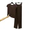 Conjunto de pijama de toque fresco para primavera e verão, camiseta redonda plus size e calça pantalona de duas peças, conjunto de casa feminino em modal adequado para sair