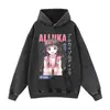 Moletom com capuz e estampa de personagem de anime japonês, lavagem desgastada, à pronta entrega, para homens e mulheres, ombro caído, estilo de rua, top solto, comércio exterior