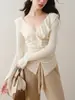 Suéter ajustado de punto con cuello en V fruncido y pliegues, nuevo para principios de otoño, elegante, dulce, que estiliza la cintura