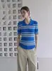 Camiseta de punto de manga corta con cuello polo a rayas de color block estilo francés para mujer, top de punto vintage de alta gama para verano