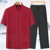 Camisa de Verão para Pai, para Homens de Meia-Idade e Idosos, Traje Tang de Manga Curta, Novo Estilo Chinês, Cor Sólida, Vermelho, Gola Alta, Conjunto Solto e Confortável