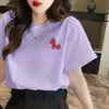 Camiseta Roxo Fashion Versátil de Manga Curta para Mulheres, Coleção Primavera/Verão 2026, com Algodão Puro e Bordado de Pônei