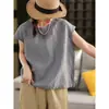 En Stock 2025 Suéter Retro de Manga Corta de Lino para Mujer, Camiseta Artística Versátil de Color Sólido Holgada de Verano para Mujer