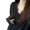 Camiseta de Manga Larga con Encaje Interior Talla Plus Estilo Perezoso para Mujer, Corte Holgado, Adelgazante, Sensación Relajada, Top de Moda para Primavera y Otoño