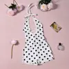 12118 Mono de Punto Elástico Estampado de Lunares con Cuello Halter y Espalda Descubierta Sexy, Nuevo Estilo Transfronterizo Europeo y Americano para Mujer